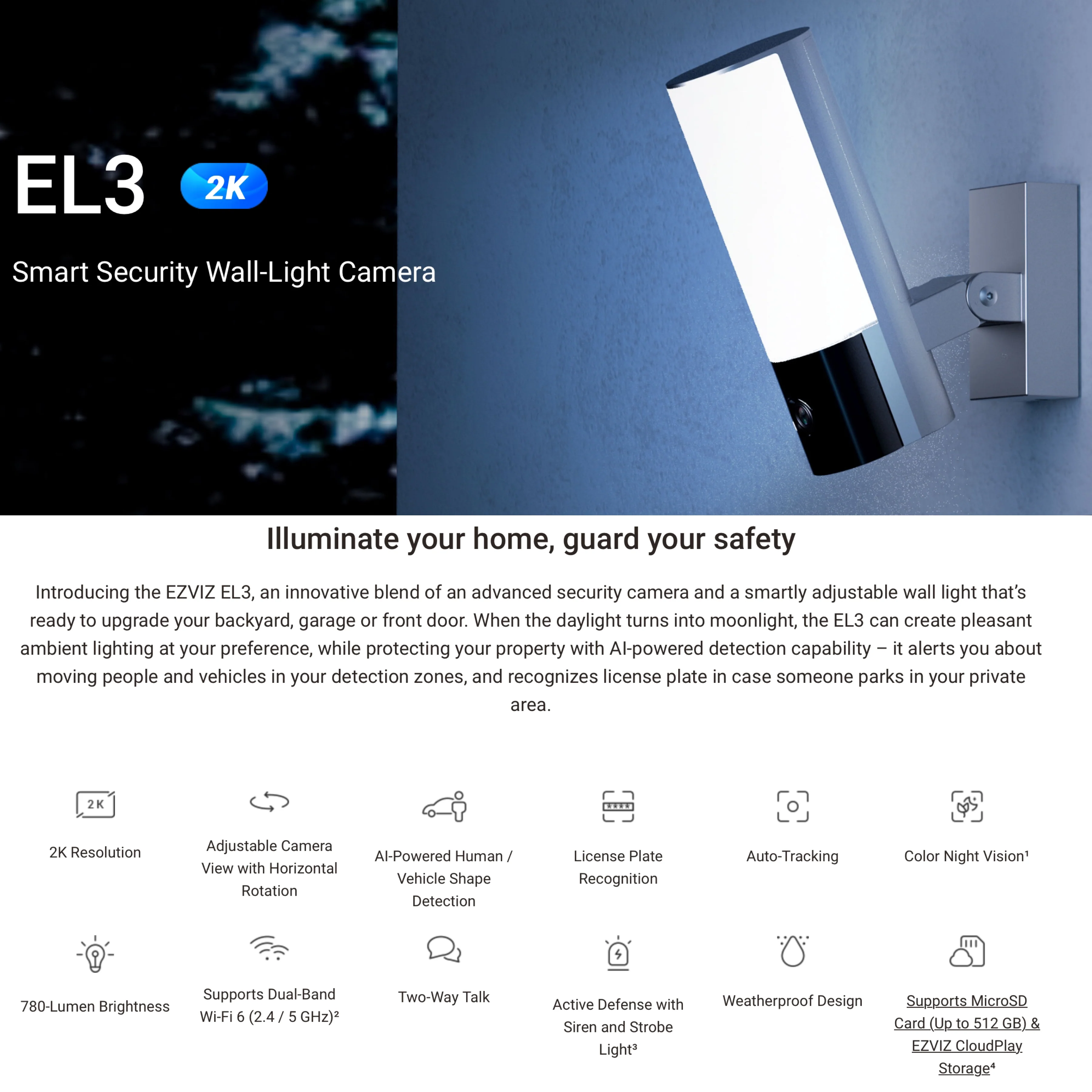 EZVIZ EL3 Smart Security Wall-Light 2K Camera (99°) Fixed Lens - Image 2