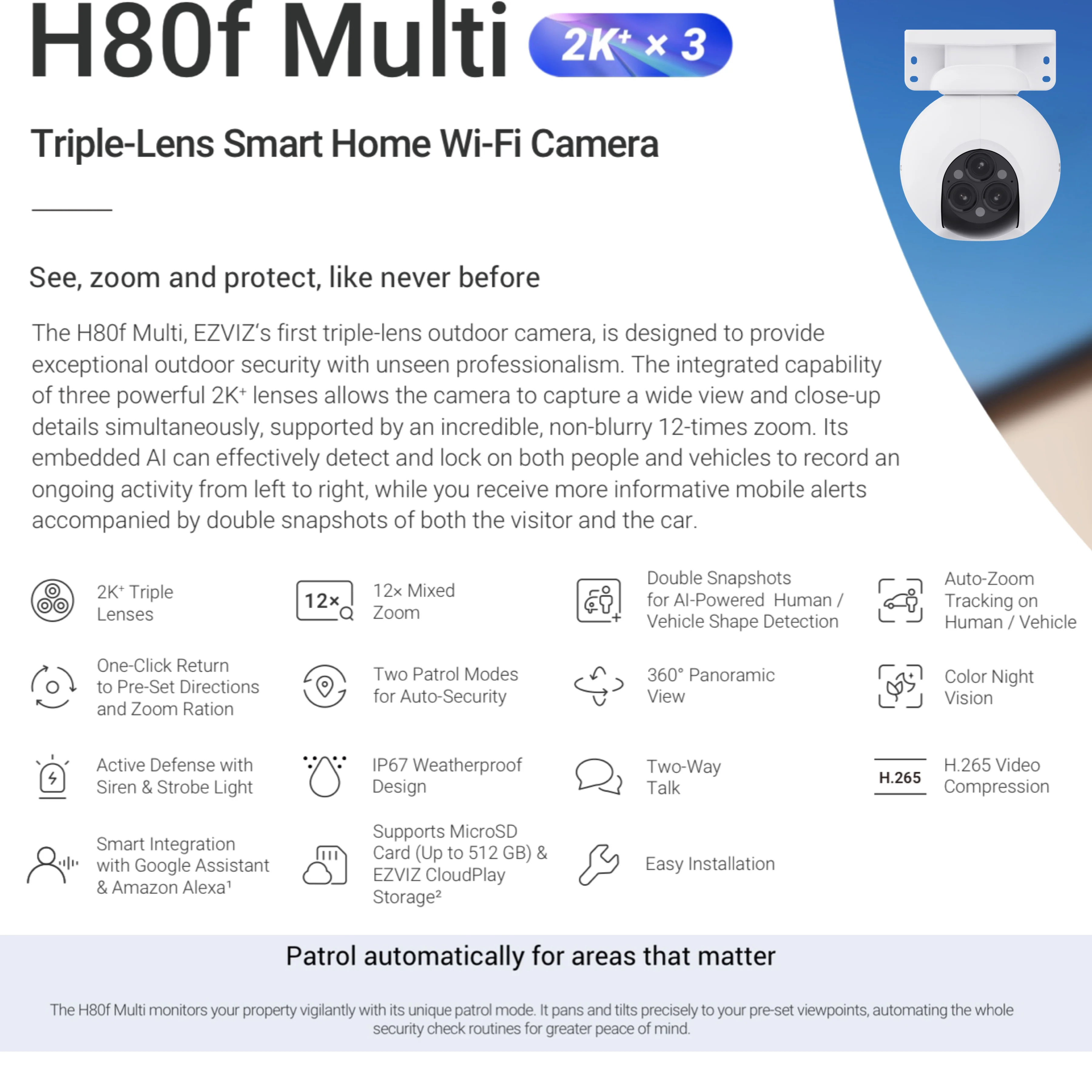 EZVIZ H80f Triple-Lens 2K Smart Home Wi-Fi Camera - Image 2