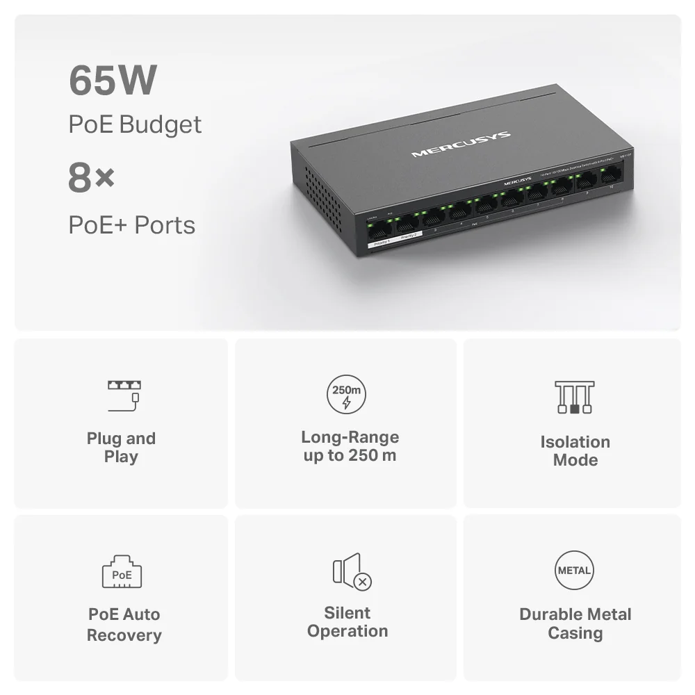Mercusys MS110P 10-Port 10/100Mbps Desktop Switch with 8-Port PoE+ - Image 4